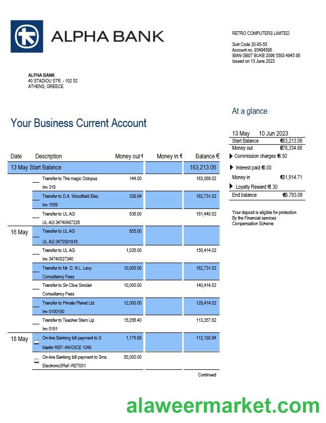 Alpha Bank company checking account statement Word and PDF template